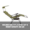 Reclined size: 71 inches long, 33 inches wide, and 33 inches high, with a weight capacity of 360 pounds.