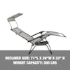 Reclined size: 71 inches long, 26 inches wide, 33 inches high, with a weight capacity of 300 pounds.