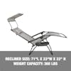 Reclined size: 71 inches long, 33 inches wide, and 33 inches high, with a weight capacity of 360 pounds.