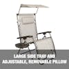 Large side tray and adjustable, removable pillow.