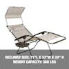Reclined size: 71 inches long, 33 inches wide, 33 inches high, with a weight capacity of 300 pounds.