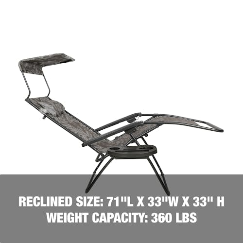 Reclined size: 71 inches long, 33 inches wide, and 33 inches high, with a weight capacity of 360 pounds.