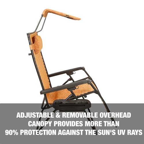 Adjustable and removable overhead canopy provides more than 90 percent protection against the sun's UV rays.