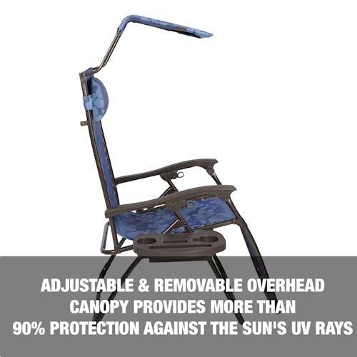 Adjustable and removeable overhead canopy provides more than 90 percent protection against the sun's UV rays.