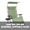 Large side tray and adjustable, removable pillow.