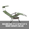 Reclined size: 71 inches long, 33 inches wide, and 33 inches high, with a weight capacity of 360 pounds.
