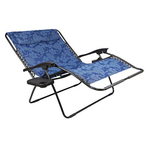 Angled view of a reclined 45-inch 2-Person Blue Flower Gravity Free Recliner.