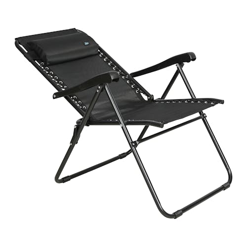 Angled view of a reclined 26-inch Black Reclining Sling Chair.