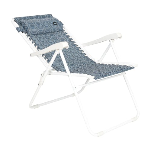 Angled view of a reclined 26-inch Blue Scallop Reclining Sling Chair.