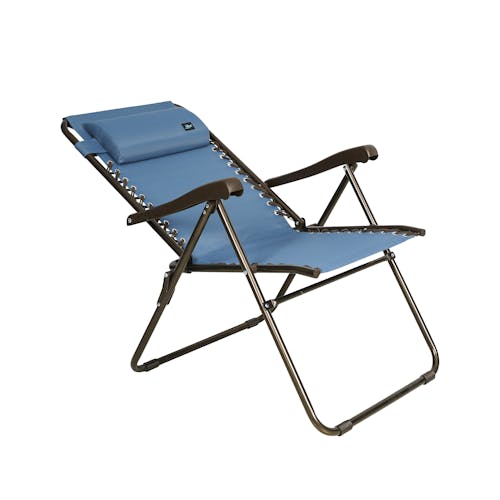 Angled view of a reclined 26-inch Denim Blue Reclining Sling Chair.