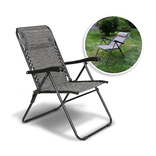 Bliss Hammocks reclining sling chair with inset image of product in use