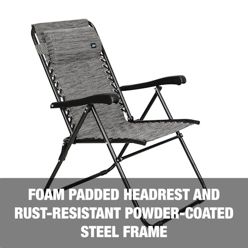 Foam padded headrest and reust-resistant powder coated steel frame.