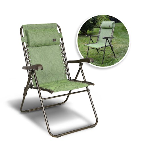 Bliss Hammocks reclining sling chair with inset image of product in use