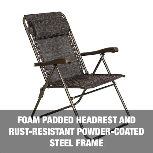 Foam padded headrest and reust-resistant powder coated steel frame.