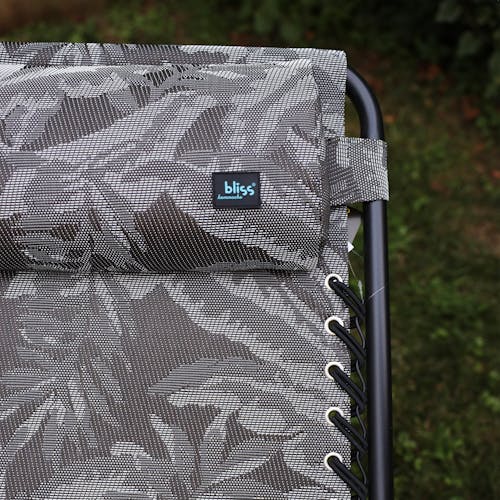 Close-up of the headrest and Bliss Hammocks logo on the 26-inch Platinum Fern Reclining Sling Chair.