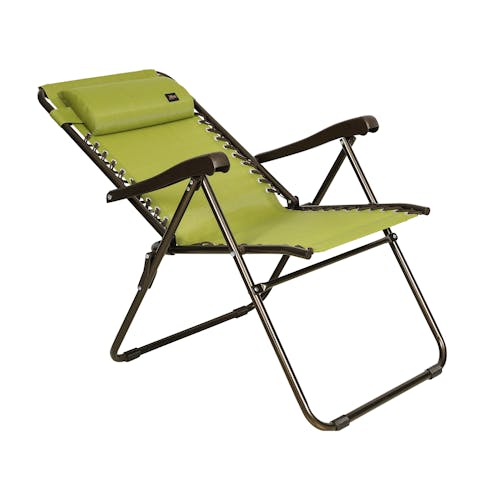 Angled view of a reclined 26-inch Sage Green Reclining Sling Chair.