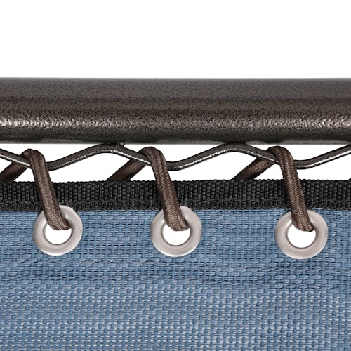 Close-up of the frame and bungees on the 20-inch denim blue folding side table.