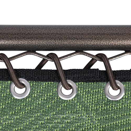 Close-up of the frame and bungees on the 20-inch green banana leaves folding side table.