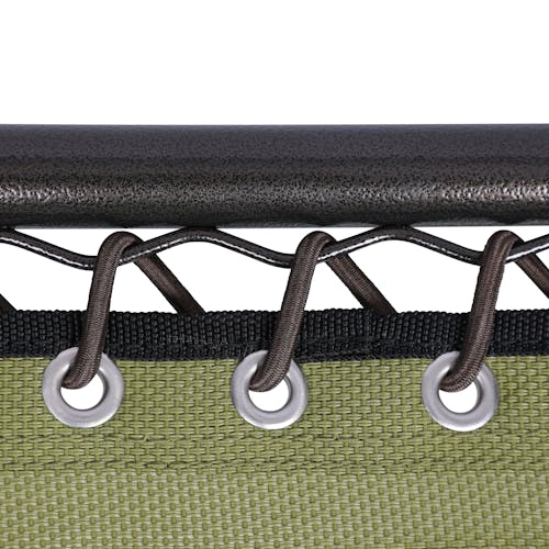 Close-up of the frame and bungees on the 20-inch sage green folding side table.
