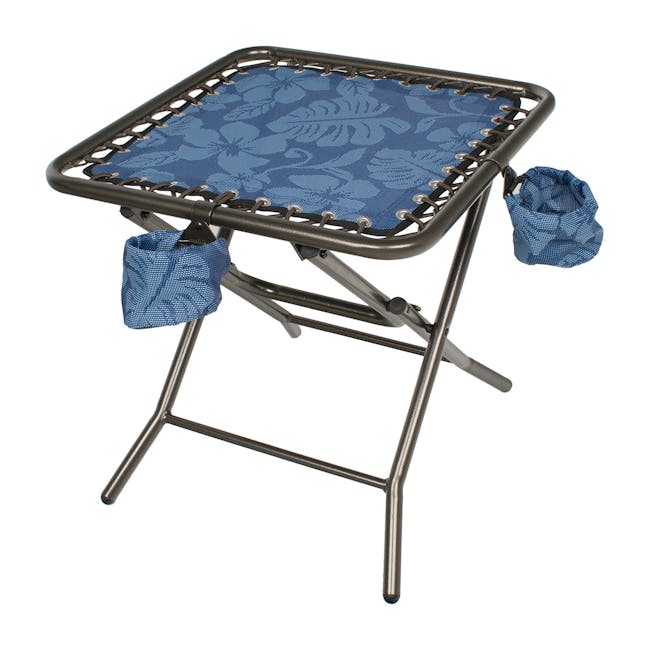 Bliss Hammocks 20-inch Folding Blue Flower Side Table with side cup holders.