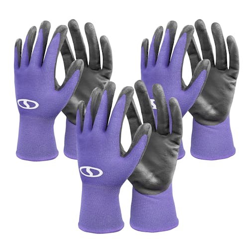 Sun Joe 3-pack of Nitrile-Palm Reusable Purple Gloves for Gardening, DIY Work, Cleaning, and More.