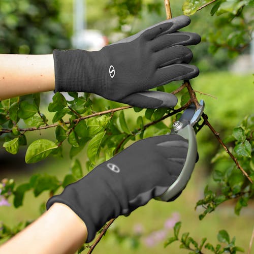 Sun Joe 3-pack of Nitrile-Palm Reusable Black Gloves being used while cutting a branch with pruners.