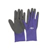 Front and back of the Sun Joe 3-pack of Nitrile-Palm Reusable Purple Gloves for Gardening, DIY Work, Cleaning, and More.