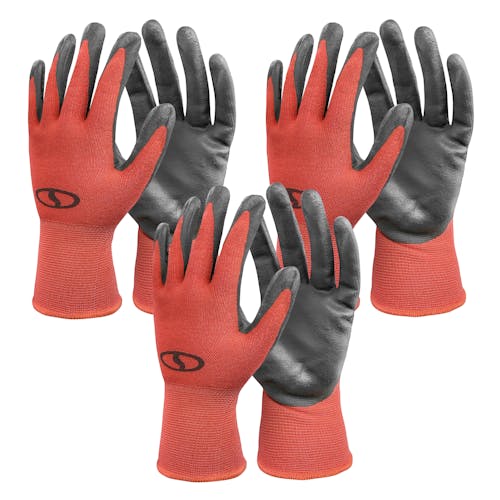 Sun Joe 3-pack of Nitrile-Palm Reusable Red Gloves for Gardening, DIY Work, Cleaning, and More.
