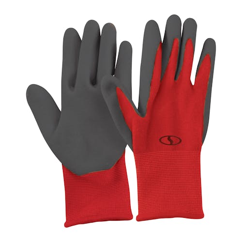 Front and back of the Sun Joe 3-pack of Nitrile-Palm Reusable Red Gloves.