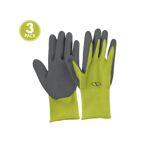 Front and back of the Sun Joe 3-pack of Nitrile-Palm Reusable Green Gloves for Gardening, DIY Work, Cleaning, and More.