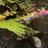 Sun Joe 3-pack of Nitrile-Palm Reusable Green Gloves for Gardening, DIY Work, Cleaning, and More being used while trimming a bush.