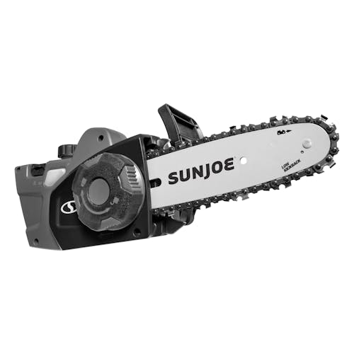 Angled view of the Sun Joe 7-amp 8-inch Chain Saw Attachment for GTS4000E Lawn Care System.