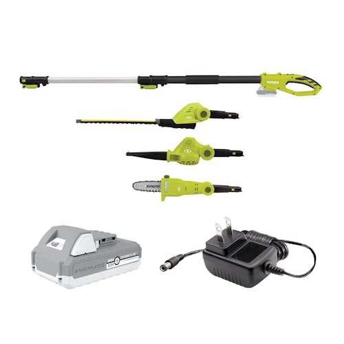 Sun Joe 3-in-1 Cordless Hedge Trimmer, Pole Saw, Leaf Blower with a 2.0-Ah lithium-ion battery and charger.