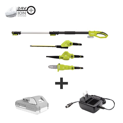 Sun Joe 3-in-1 Cordless Hedge Trimmer, Pole Saw, Leaf Blower plus a 2.0-Ah lithium-ion battery and charger.
