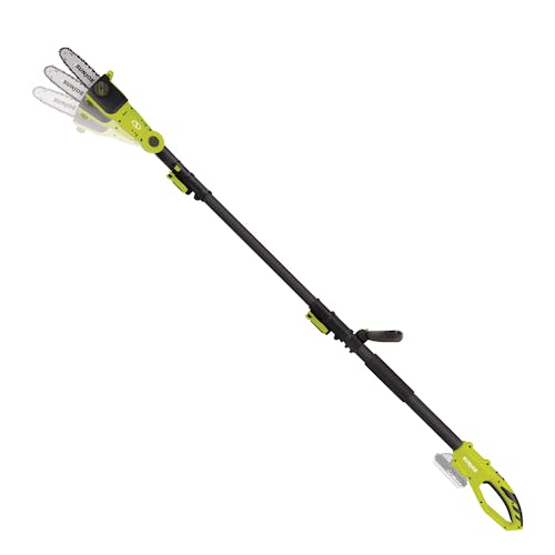 Side view of the Sun Joe 24-Volt cordless 3-in-1 yard solution kit with the pole saw attachment.