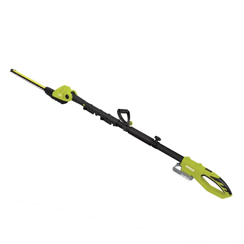 Angled view of the Sun Joe 24-Volt cordless 3-in-1 yard solution kit with the hedge trimmer attachment.