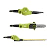Head attachments for the Sun Joe 24-Volt Cordless 3-in-1 hedge trimmer, pole saw, and leaf blower.