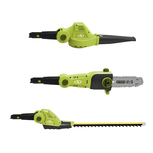Head attachments for the Sun Joe 24-Volt Cordless 3-in-1 hedge trimmer, pole saw, and leaf blower.