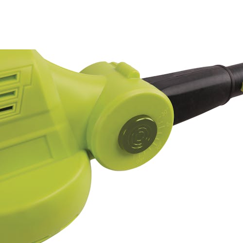 Close-up of the adjustable head on the Sun Joe 24-Volt Cordless 3-in-1 Hedge trimmer, pole saw, leaf blower.