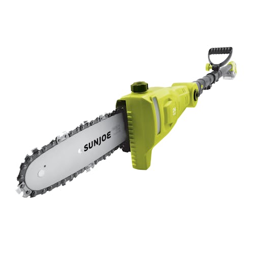Front-angled view of the Sun Joe 24-Volt cordless 3-in-1 yard solution kit with the pole saw attachment.