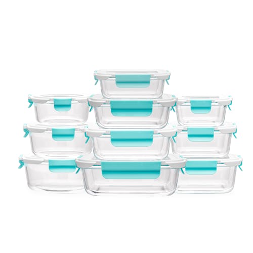 Front view of the EatNeat 20-Piece Set of 10 Superior Glass Food Storage Containers with airtight locking lids.