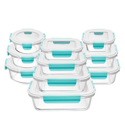 EatNeat 20-Piece Set of 10 Superior Glass Food Storage Containers with airtight locking lids.