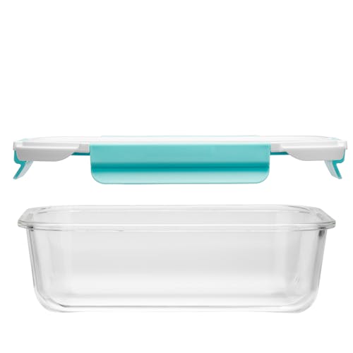 Front view of a rectangular bowl with the lid above it.