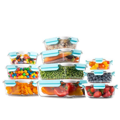 EatNeat 20-Piece Set of 10 Superior Glass Food Storage Containers with airtight locking lids filled with various foods.