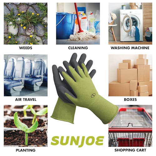 Infographic showing the uses for the Sun Joe 3-pack of Nitrile-Palm Reusable Green Gloves: Weeds, air travel, planting, cleaning, washing machine, boxes, shopping cart.