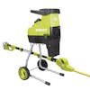Sun Joe 15-amp Silent Electric Wood Chipper and Shredder with a cordless 17-inch pole hedge trimmer.