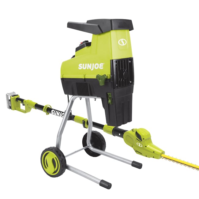 Sun Joe 15-amp Silent Electric Wood Chipper and Shredder with a cordless 17-inch pole hedge trimmer.
