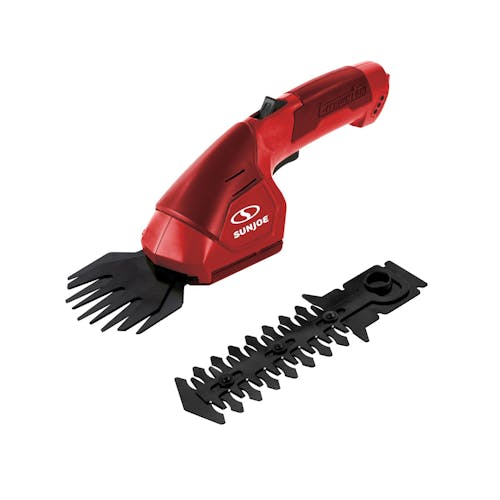 Sun Joe 2-in-1 Cordless red-colored Grass Shear and Hedger with the shear and hedge attachments.