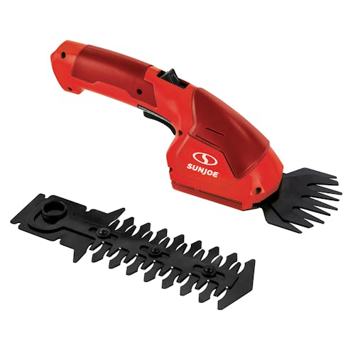 2-in-1 cordless tool with the grass shear attachment and the hedger blade next to it.