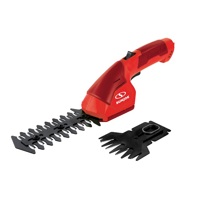 Sun Joe 2-in-1 Cordless red-colored Grass Shear and Hedger.